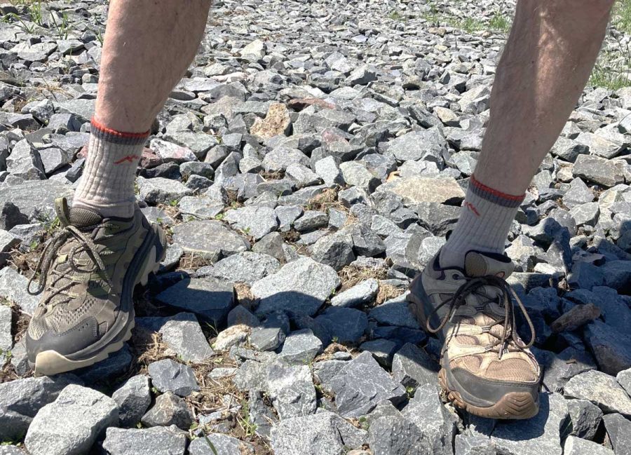 The Speed 2’s greater cushioning (left) meant a little less stability on scree and uneven rock compared to the MOAB 3 (right)