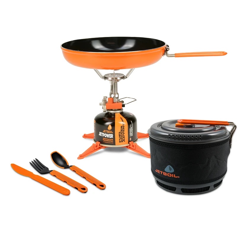 Jetboil stove kit with frying pan positioned on stove top. 