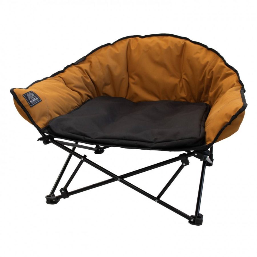 Product image of a padded dog bed on folding steel legs. 