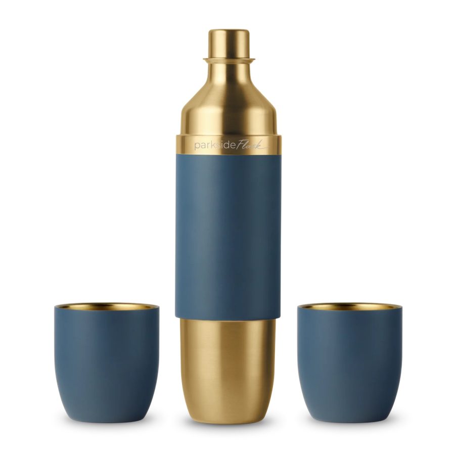 High Camp wine flask in blue and gold